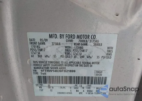 2009 Ford F150 Supercrew из США, поврежденный, VIN 1FTRW14839FB21899